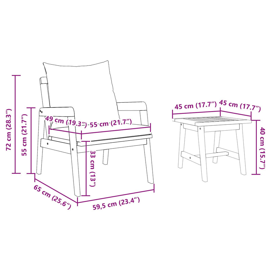 3-Delige Bistroset Met Kussens Van Massief Acaciahout Crème wit 2x stoelen + tafel