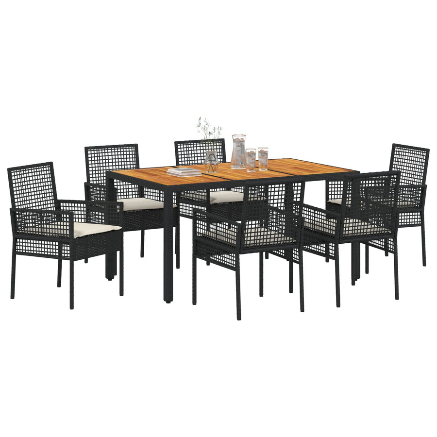 7-Delige Tuin Eetset Met Kussens Zwart Poly Rattan