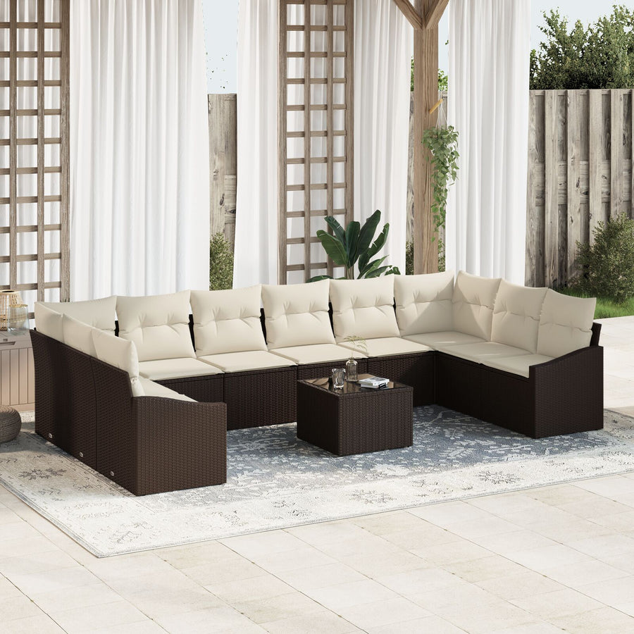 10-Delige Tuin Sofa Set Met Kussens Grijs Poly Rattan Bruin en crème met tafel