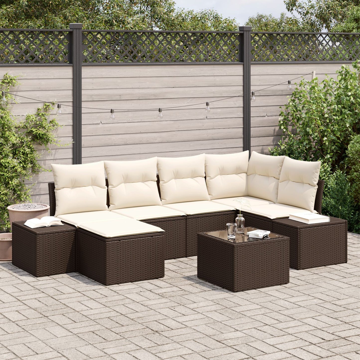 Tuin Sofa Set Set Van 7 Bruin En Crème Rattan En Stof