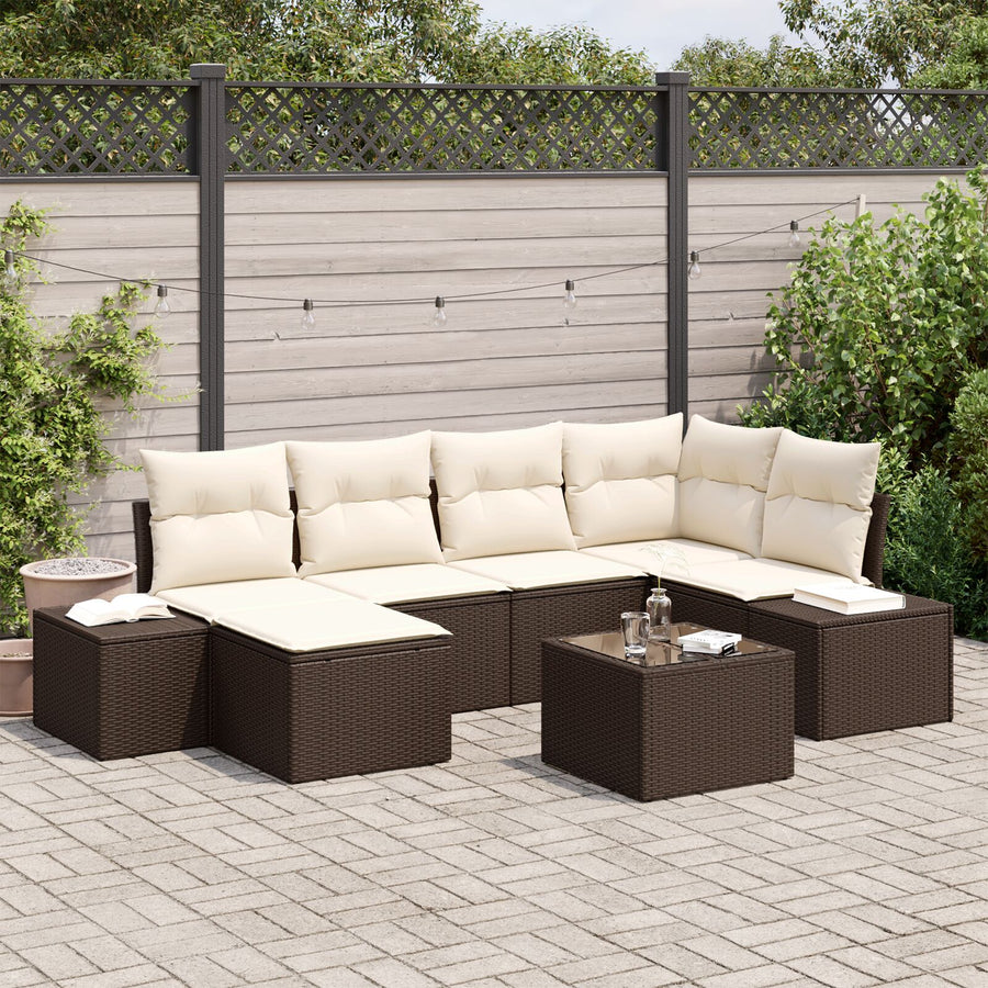 Tuin Sofa Set Set Van 7 Bruin En Crème Rattan En Stof