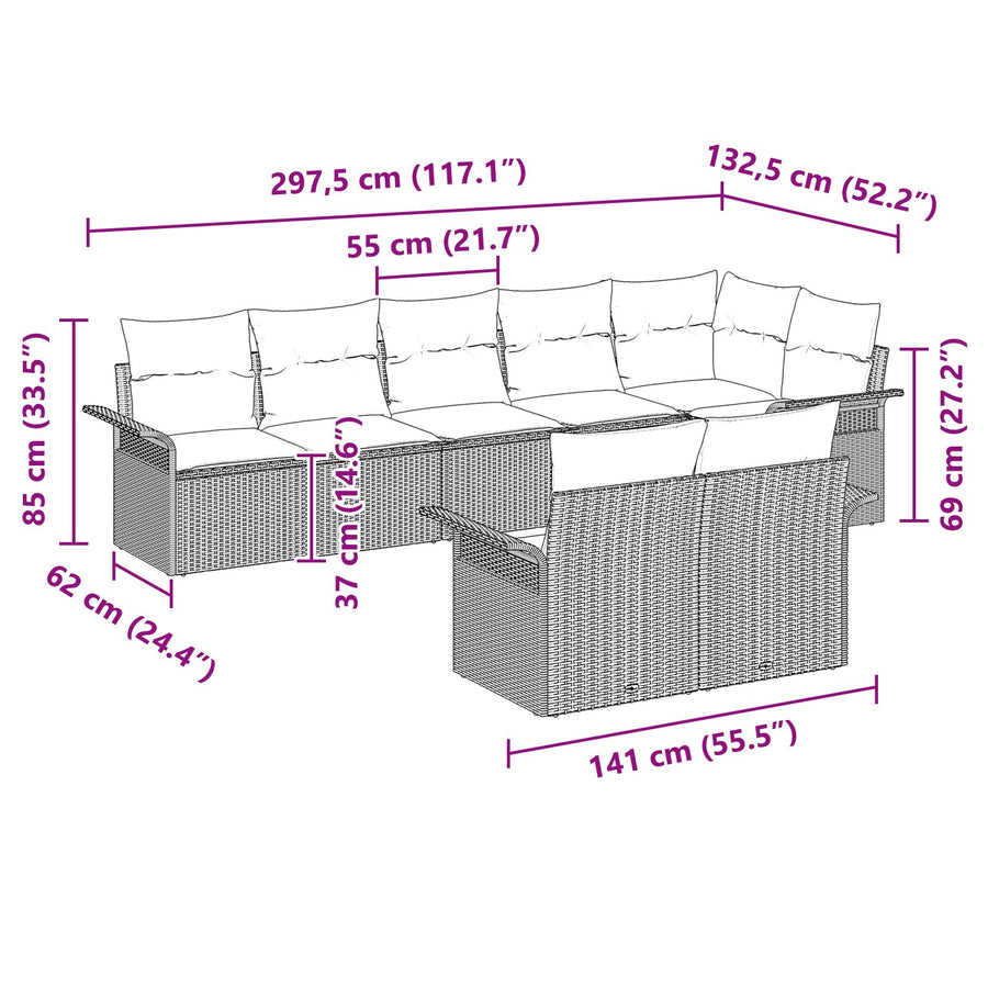 8-Delige Tuinsofa Set Met Kussens Poly Rattan Bruin en crème zonder tafel