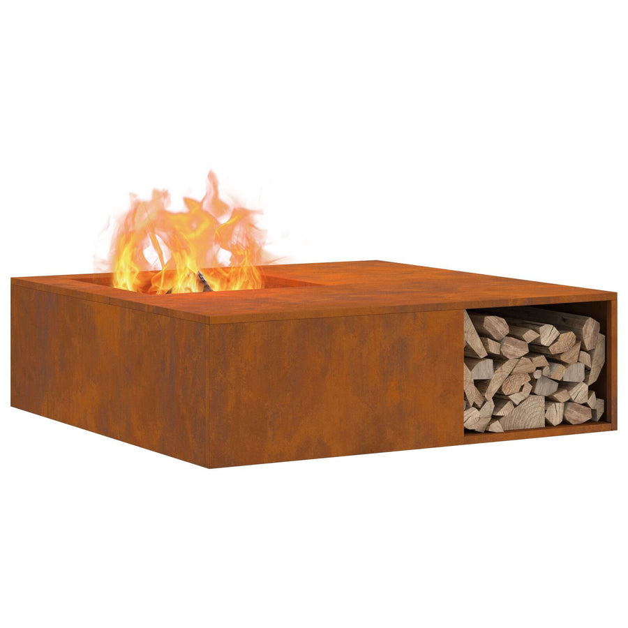 Vuurkorf Met Houtopslag 100X100X30 Cm Weerbestendig Staal Verweerd staal/Bruin