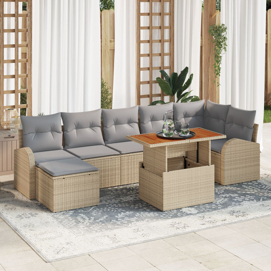 8-Delige Tuin Eettafelset Met Kussens Beige Poly Rattan Acacia