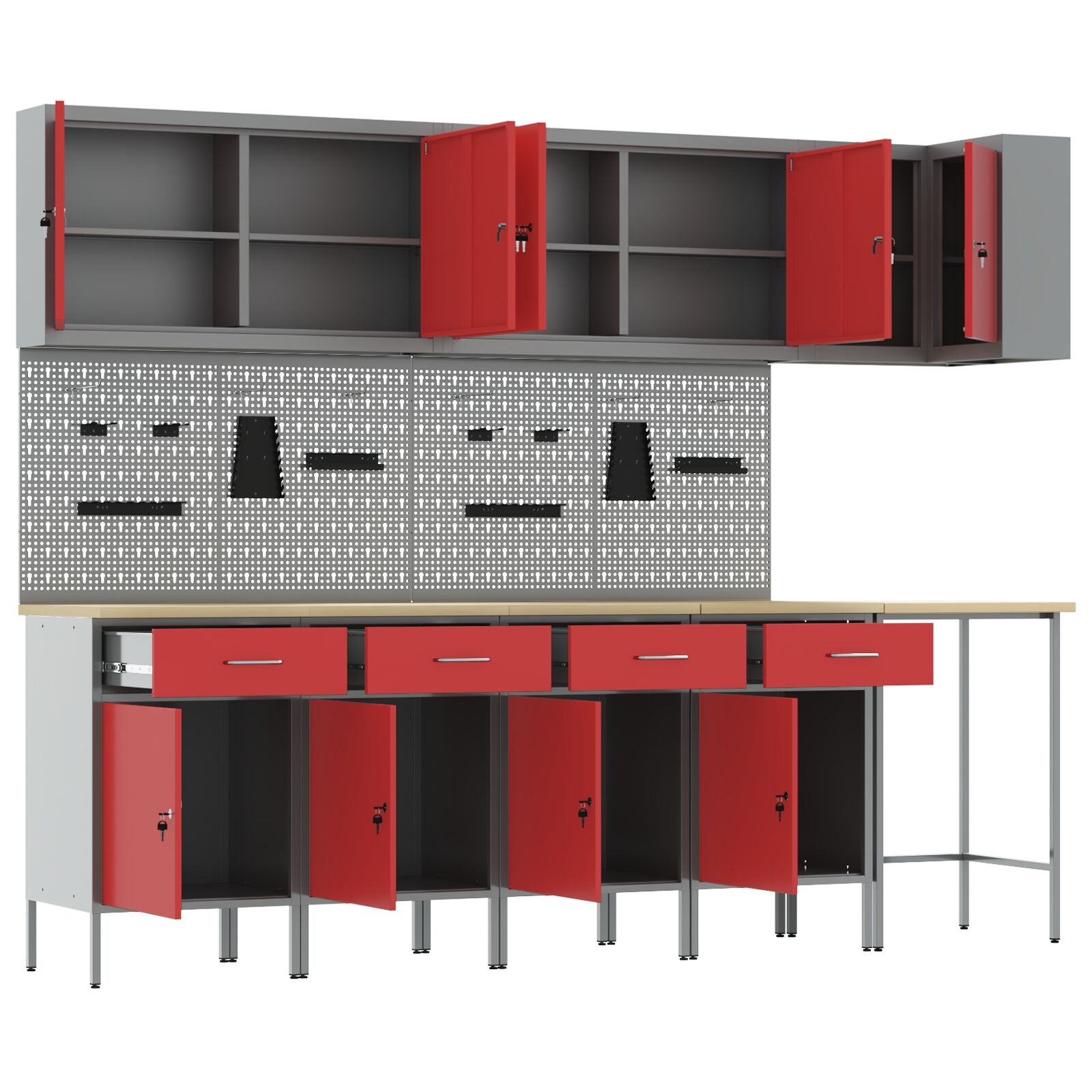 12-Delige Werkcabinet En Pegboard Set In Het Van Mdf En Metaal 4x (2x84/2x85 cm) Rood Tafel + 7x kast + 4x pegboard