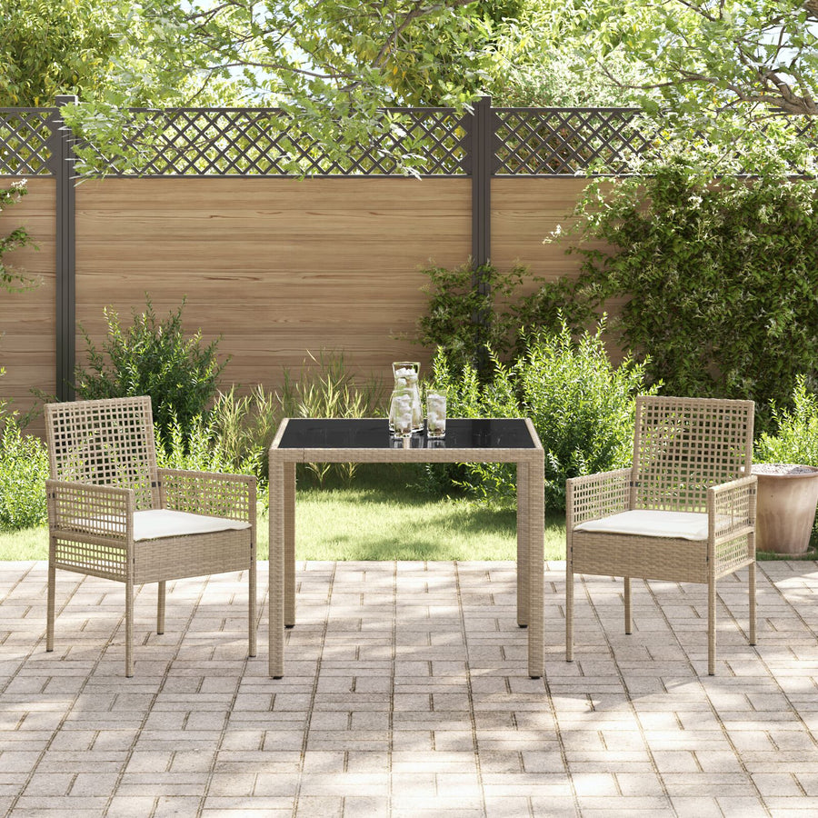 Set Van 2 Beige Pe Rattan, Gepoedercoat Staal, Gehard Glas Klein