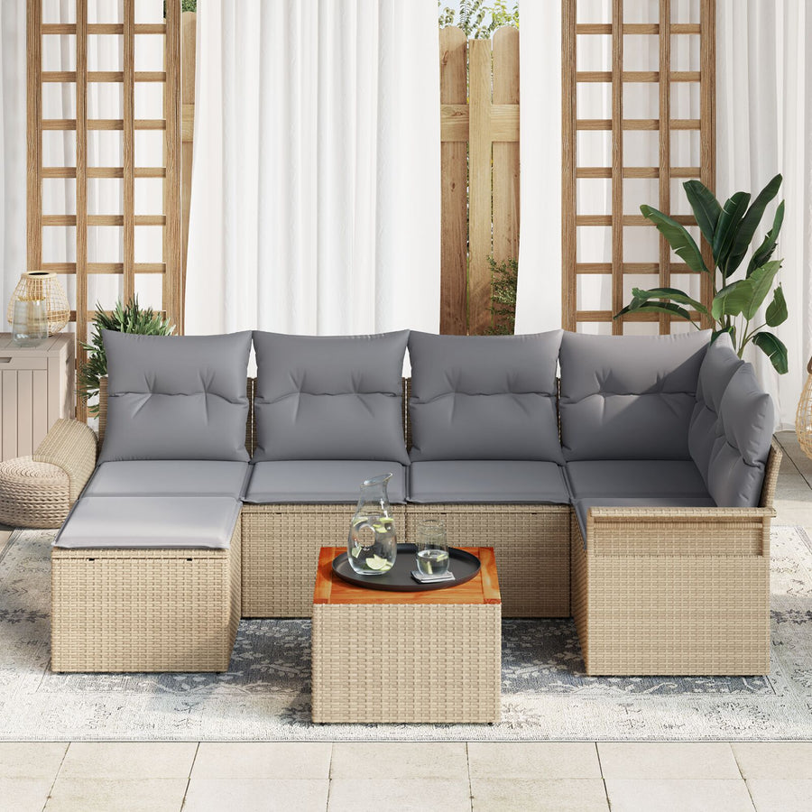 7-Delige Tuin Sofa Set Met Kussens Beige Poly Rattan Acacia