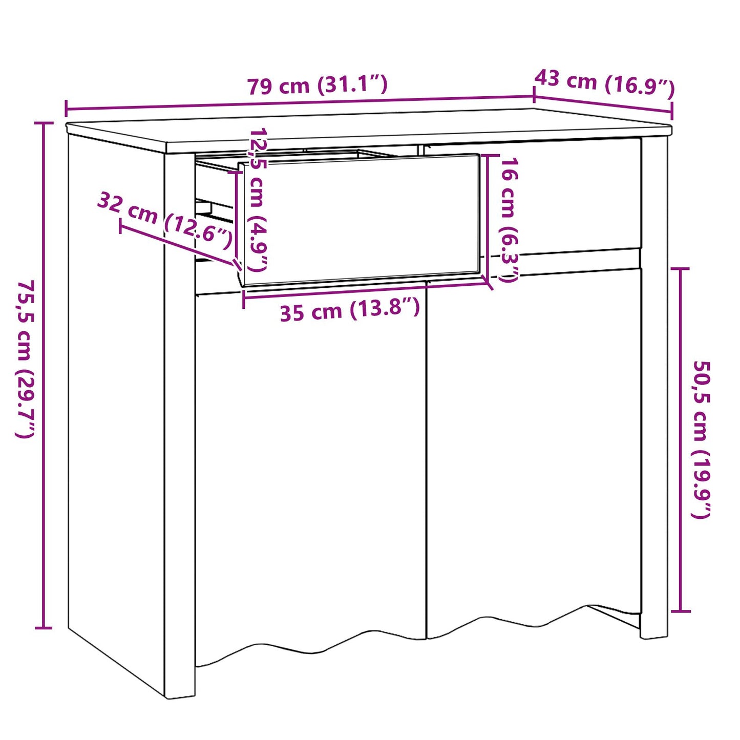 Dressoir ""Drammen"" 79X43X75,5 Cm Massief Hout Vuren Wit