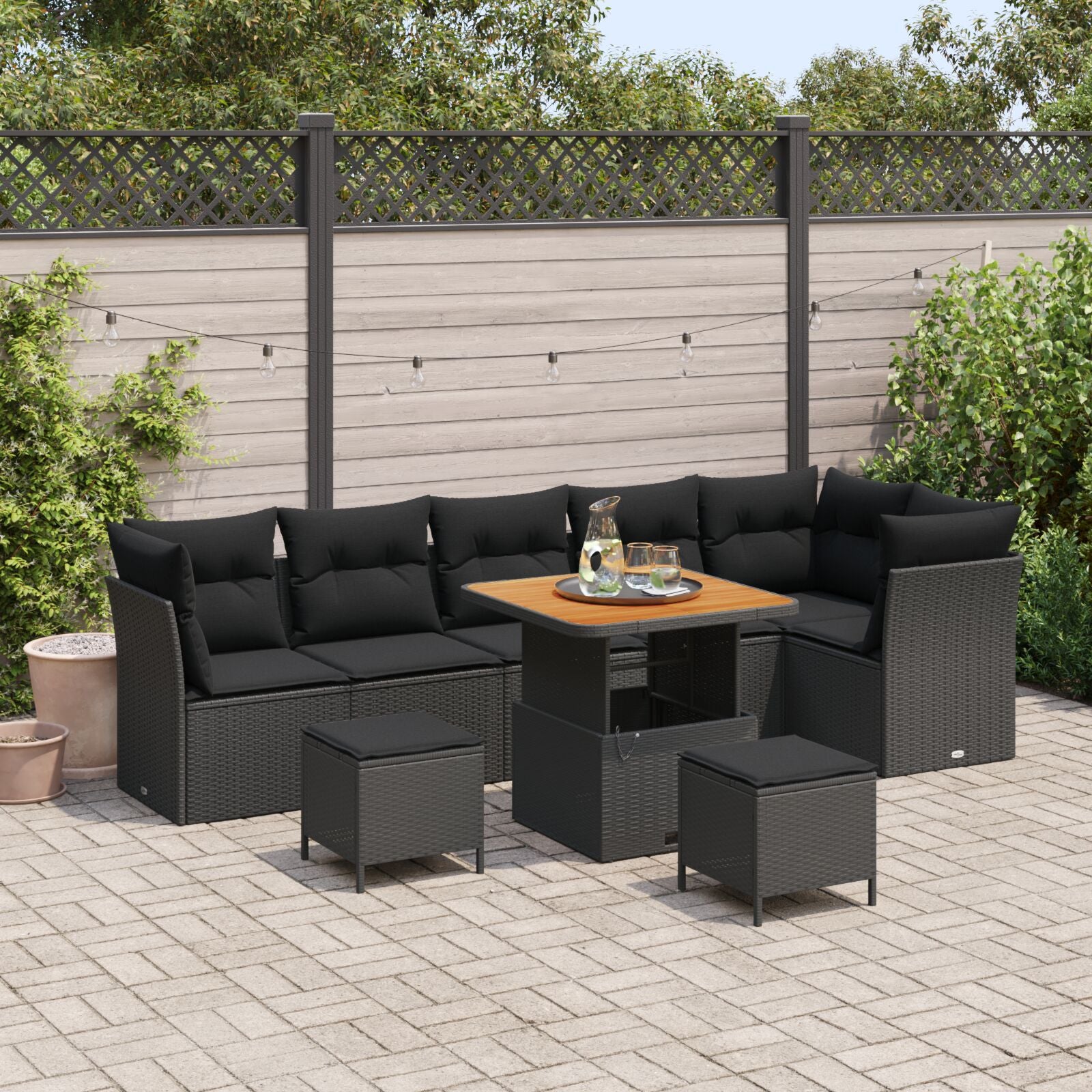 9-Delige Tuin Sofa Set Met Kussens Zwart Poly Rattan Acaciahout, 3-Delige Tuin Eet Set Met Kussens Zwart Poly Rattan Acaciahout Wit
