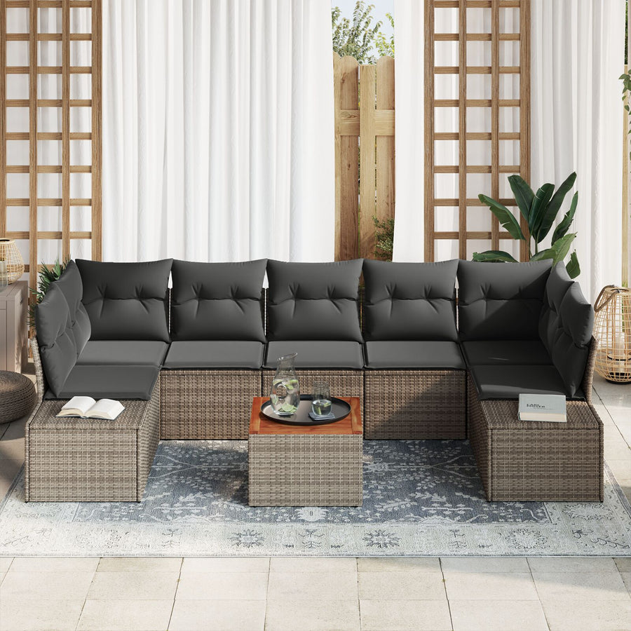 8-Delige Tuinbank Set Met Kussens Grijs Poly Rattan Acacia
