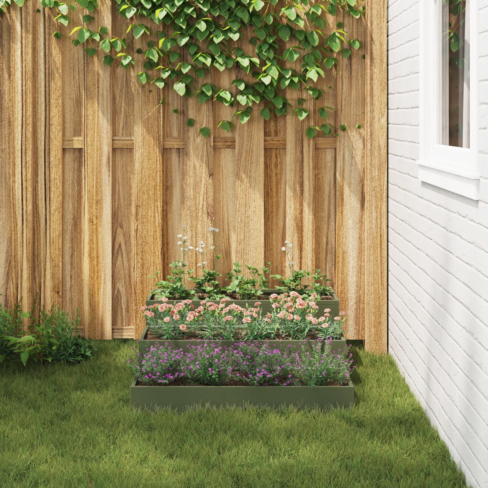 Tuin Plantenbak 3-Laags Staal 90 x 90 x 35 cm Olijfgroen