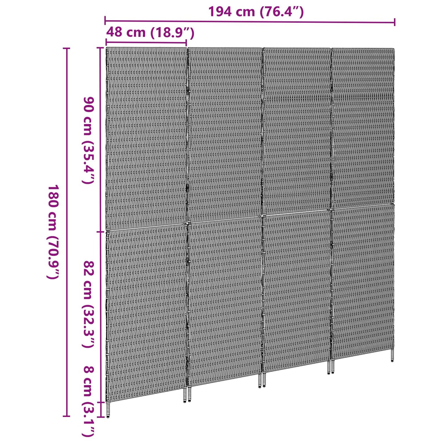 Kamerscherm Vouwbaar 195X Poly Rattan 180 cm Bruin 4 panelen
