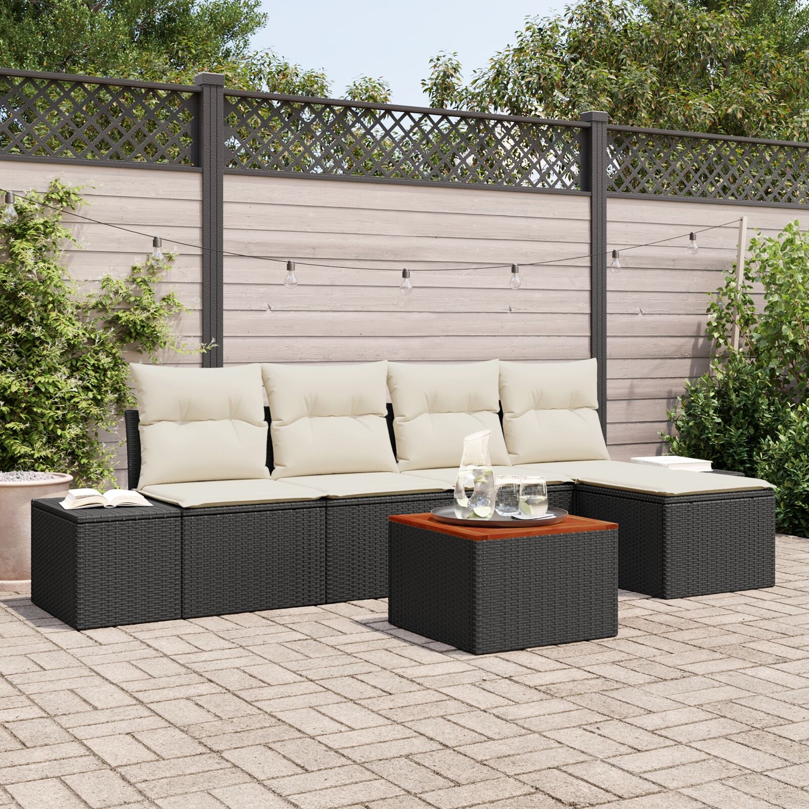 6-Delige Tuin Sofa Set Met Kussens Zwart Poly Rattan Acacia