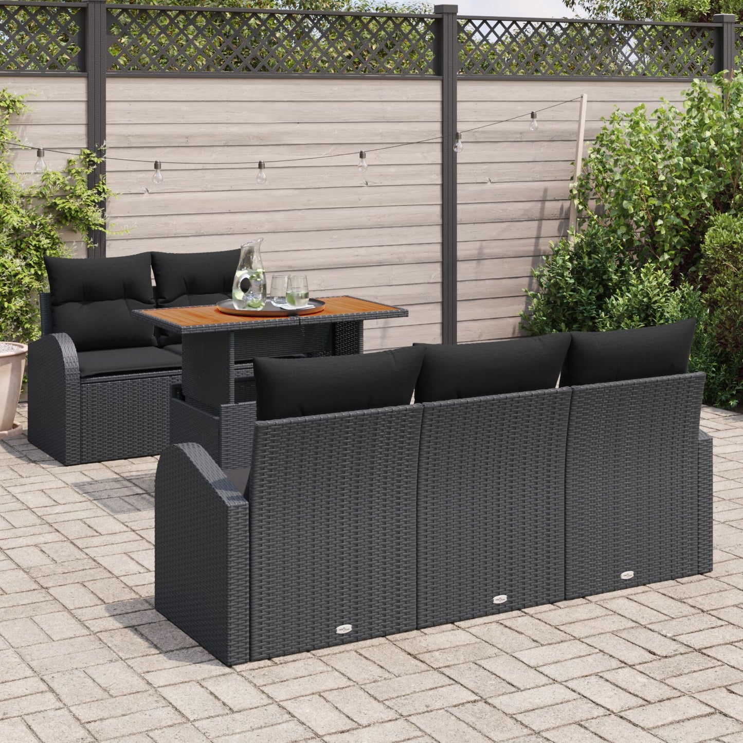 6-Delige Tuin Eettafelset Met Kussens Zwart Poly Rattan Acacia