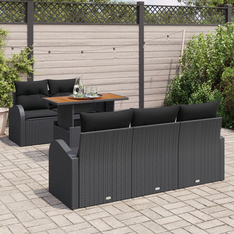 6-Delige Tuin Eettafelset Met Kussens Zwart Poly Rattan Acacia