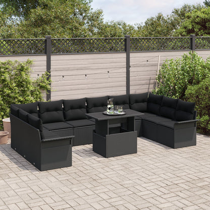 11-Delige Tuinbankset Met Kussens Zwarte Poly Rattan