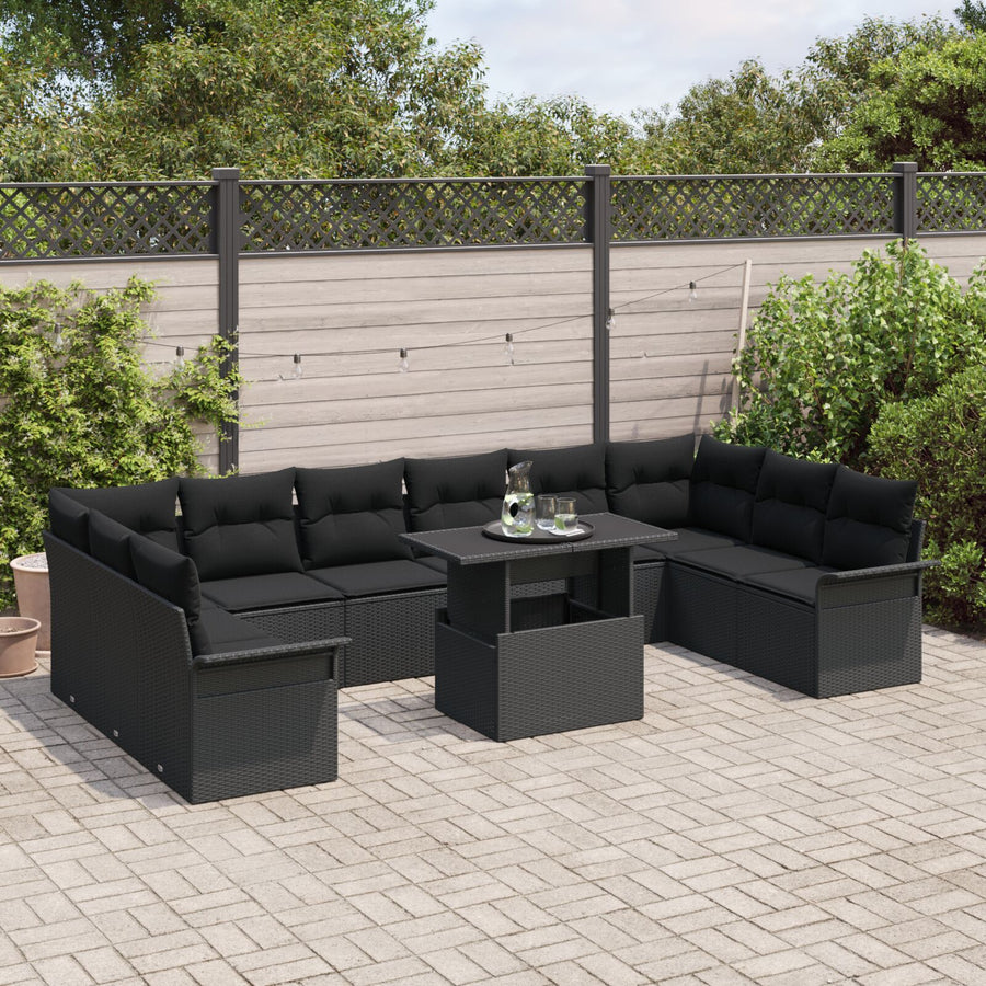11-Delige Tuinbankset Met Kussens Zwarte Poly Rattan