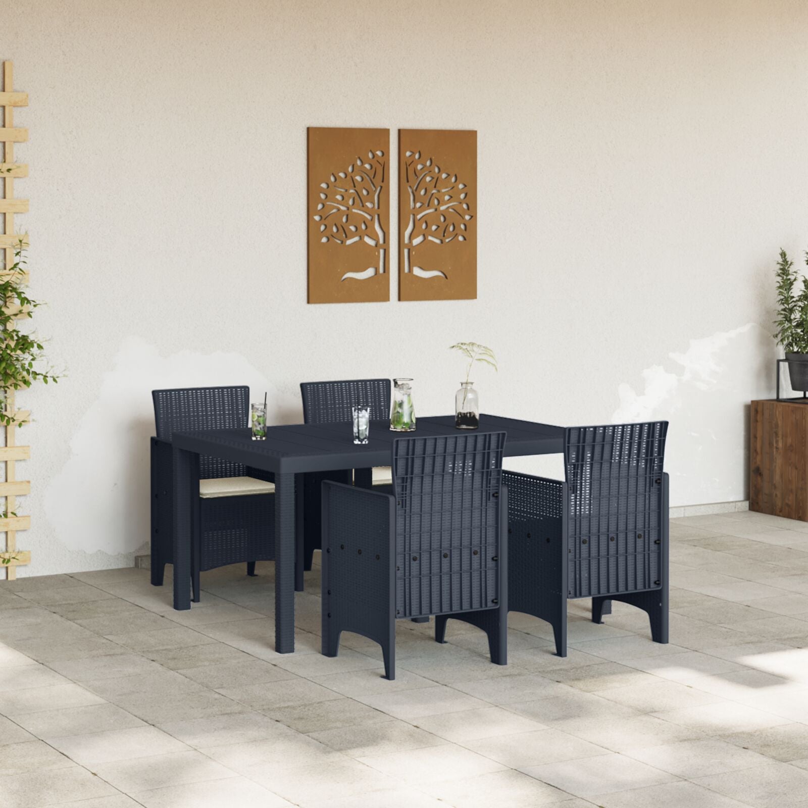 5-Delige Tuin Eettafel Set Met Kussens Anthraciet Poly Rattan