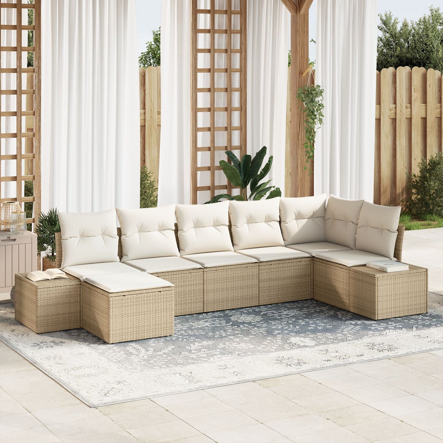 7-Delige Tuin Sofa Set Met Kussens Beige Poly Rattan