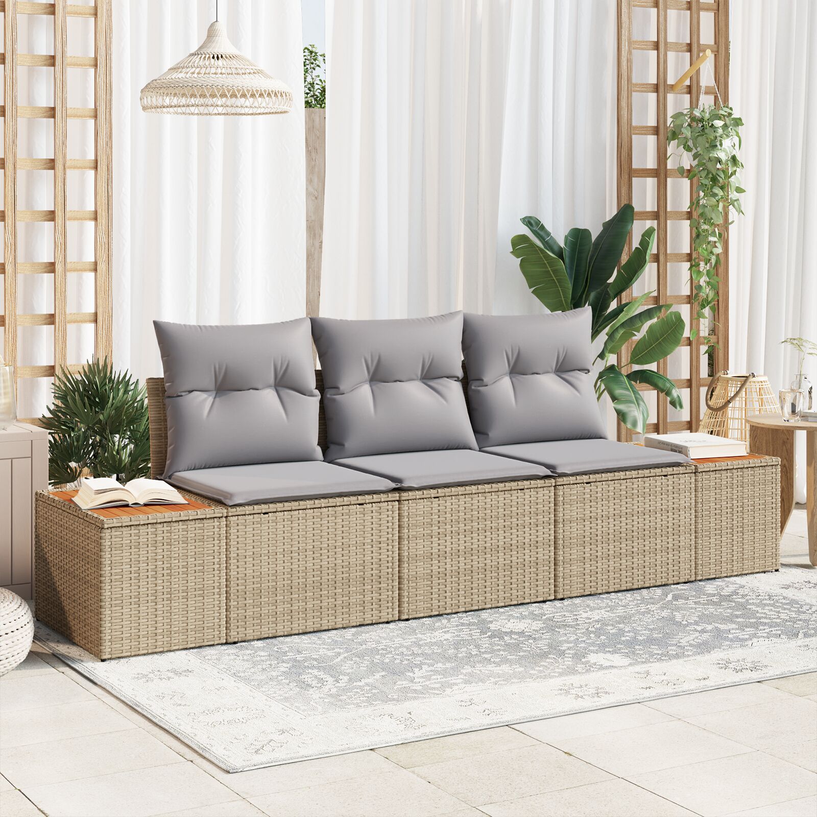 3-Delige Tuin Sofa Set Met Kussens Beige Poly Rattan Acacia