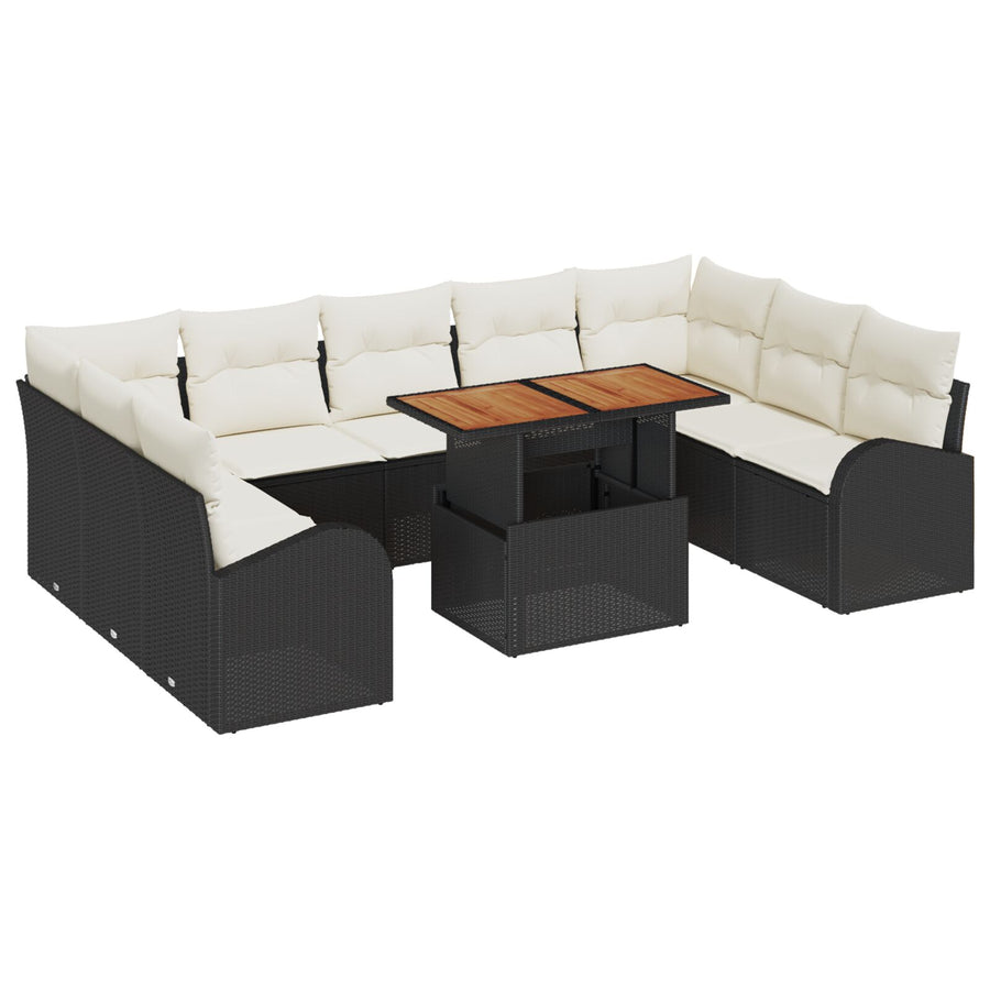 10-Delige Tuin Eetset Met Kussens Zwart Poly Rattan Acaciahout