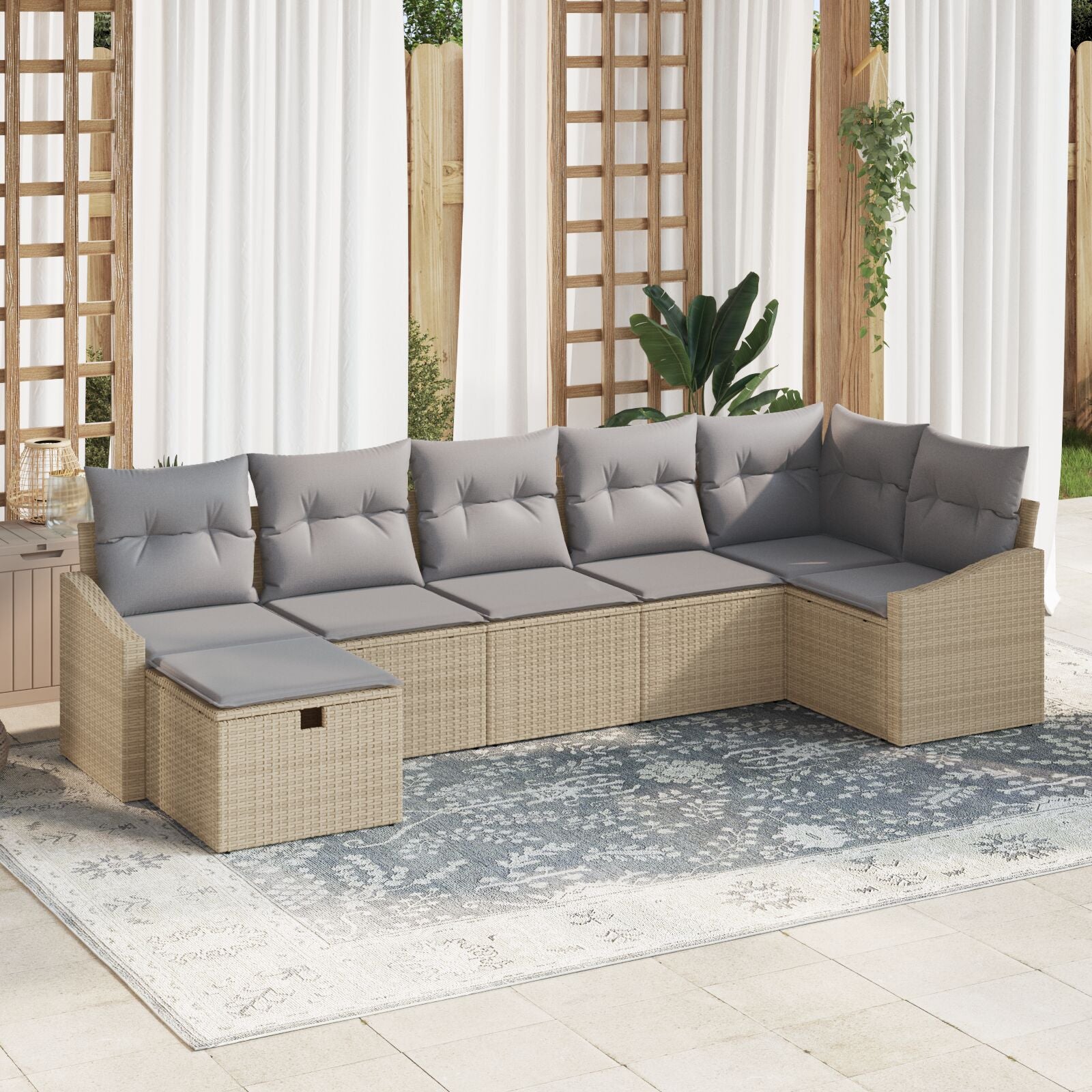 7-Delige Tuinbankenset Met Kussens Beige Poly Rattan