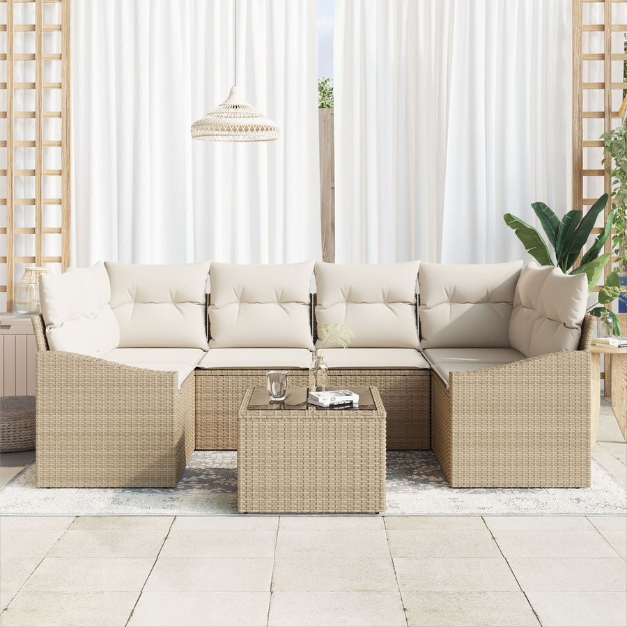 7-Delige Tuin Sofa Set Met Kussens Beige Poly Rattan