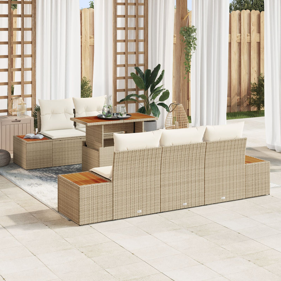 6-Delige Tuin Eetset Met Kussens Beige Poly Riet Acacia