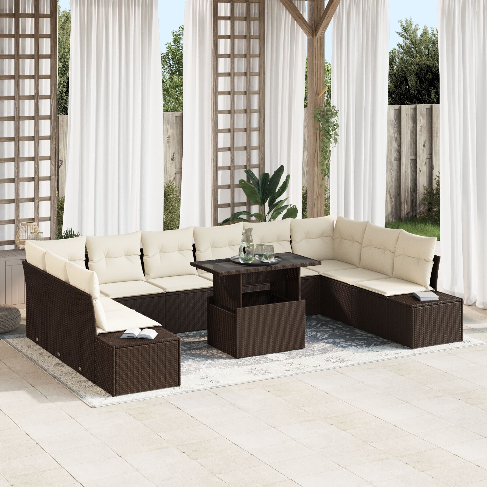 Tuin Sofa Set 11 Deeltjes Bruin En Crème Rattan, Polyester