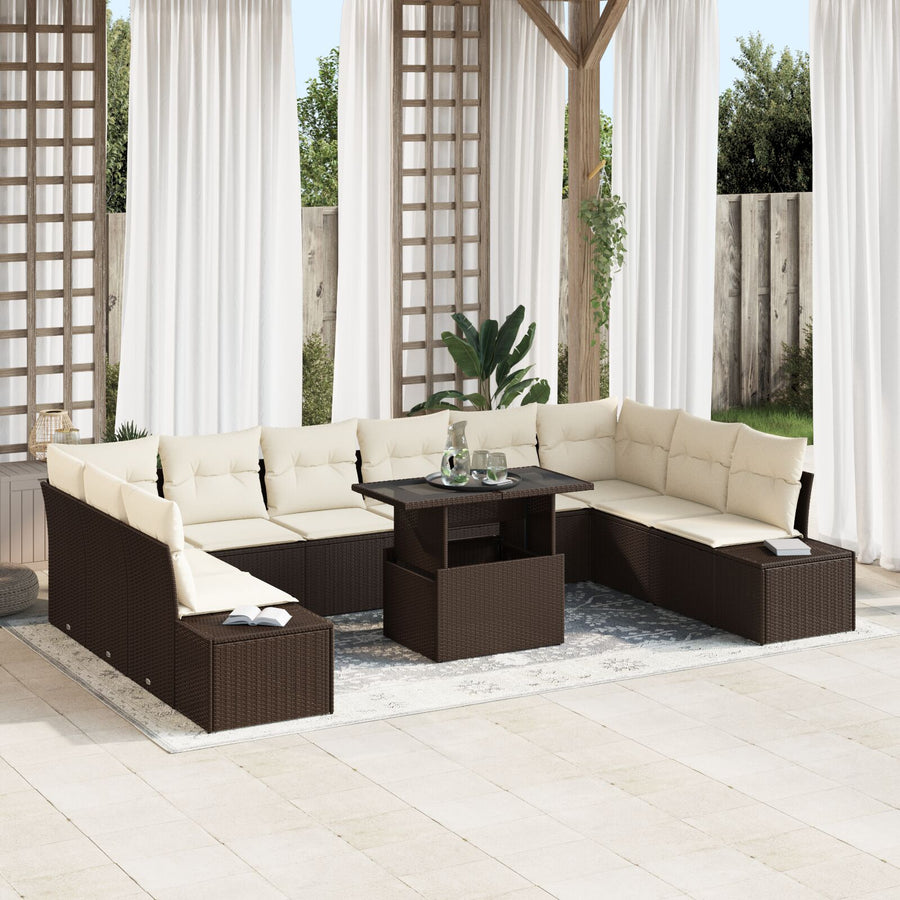 Tuin Sofa Set 11 Deeltjes Bruin En Crème Rattan, Polyester