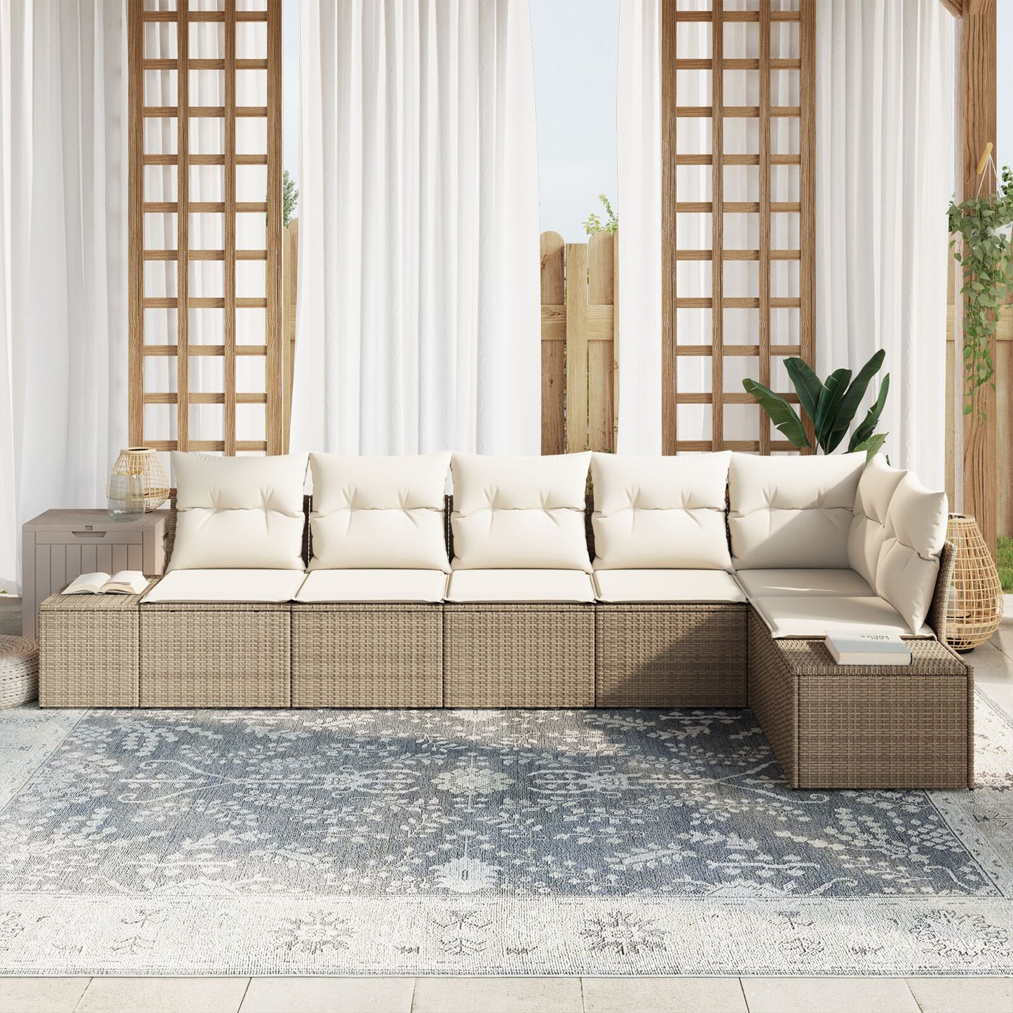 6-Delig Tuinbankstel Met Kussens Poly Rattan Beige en wit zonder tafel