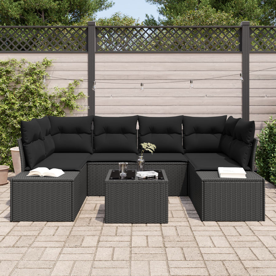 7 Delige Tuin Sofa Set Met Kussens Zwart Poly Rattan