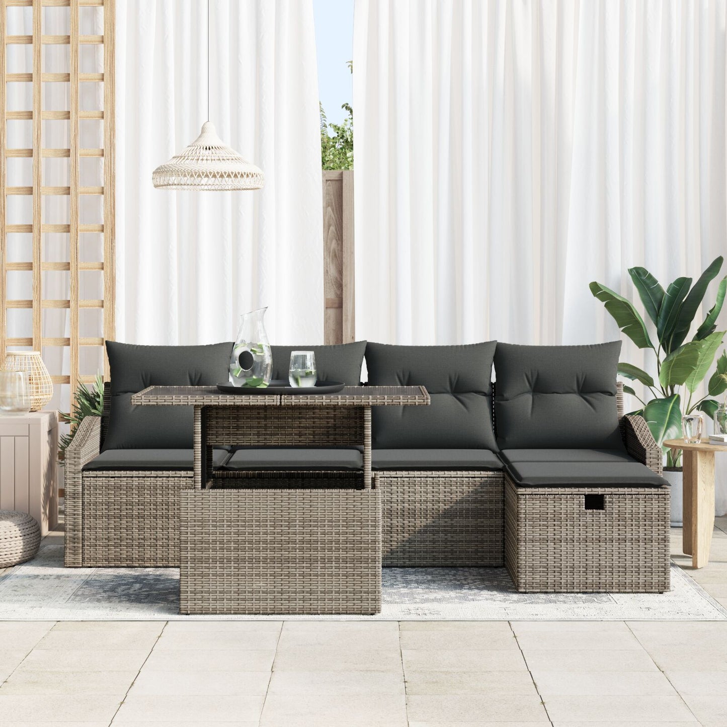 6-Delige Tuin Sofa Set Met Kussens Grijs Poly Riet