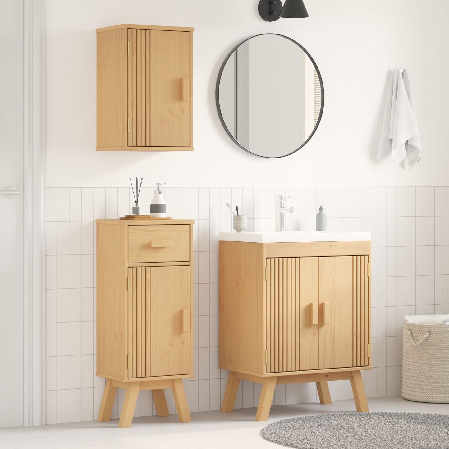 3-Delige Grenen Badkamer Meubelset Wasbak + kleine + gemiddelde kast