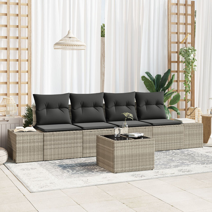 5-Delige Tuinbankset Met Kussens Lichtgrijze Poly Rattan
