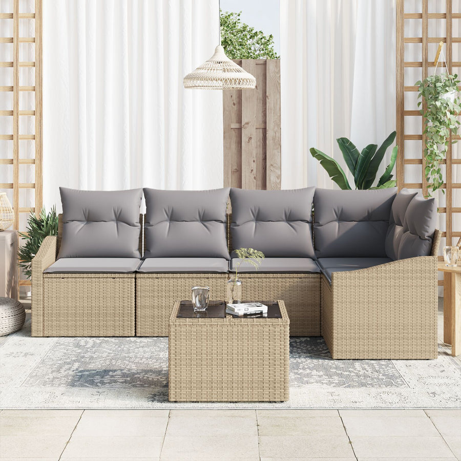 Tuinbankset Set Van 6 Beige En Grijs Rattan Buitenhoekbank