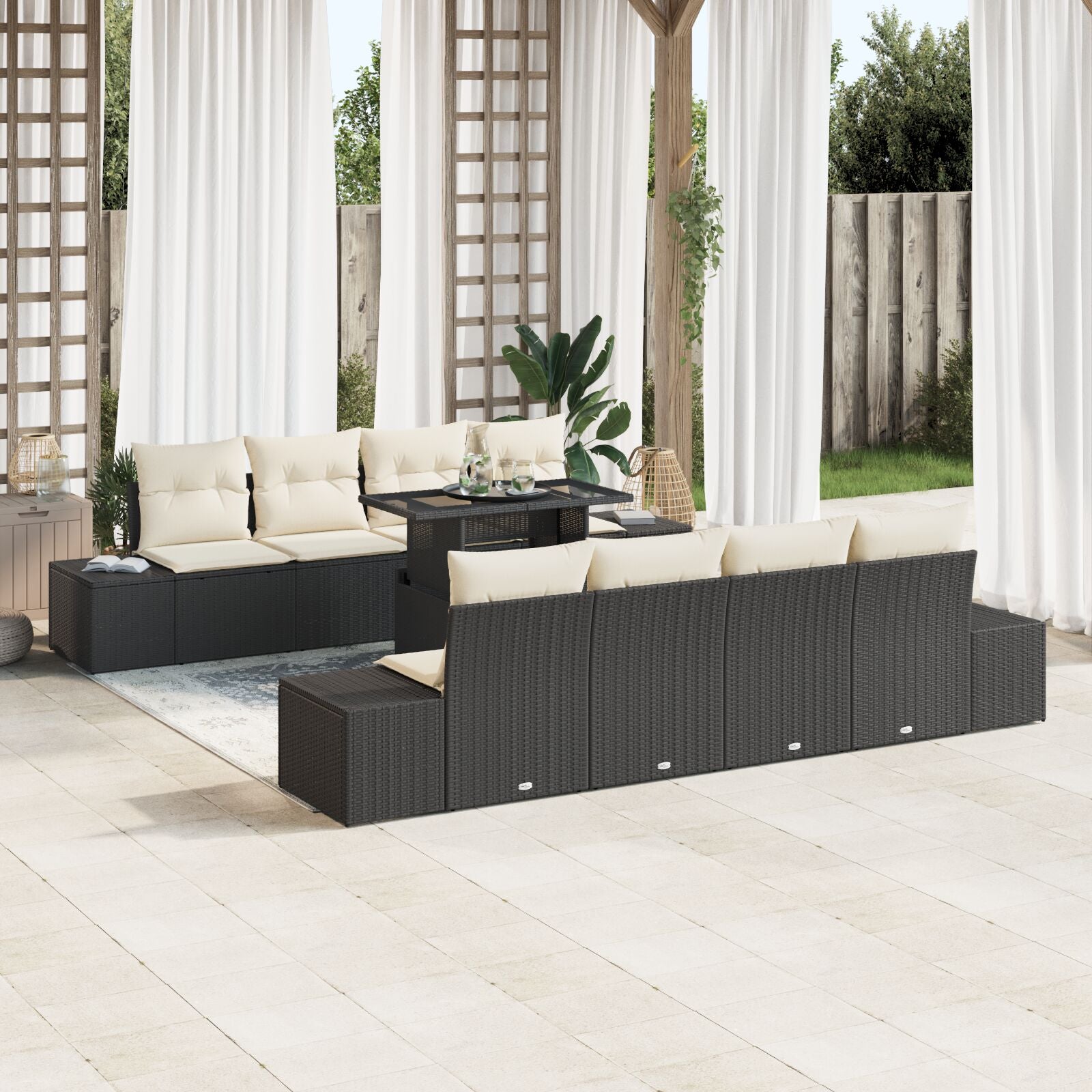 9-Delig Tuinbankstel Met Kussens Zwart Poly Rattan