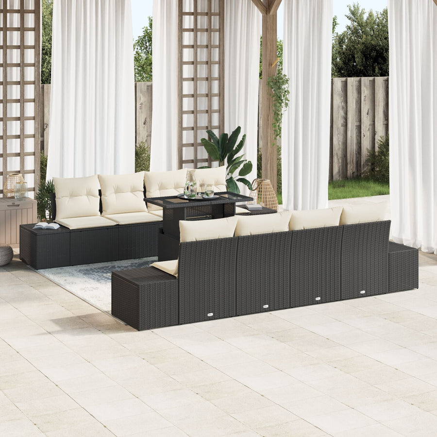 9-Delig Tuinbankstel Met Kussens Zwart Poly Rattan