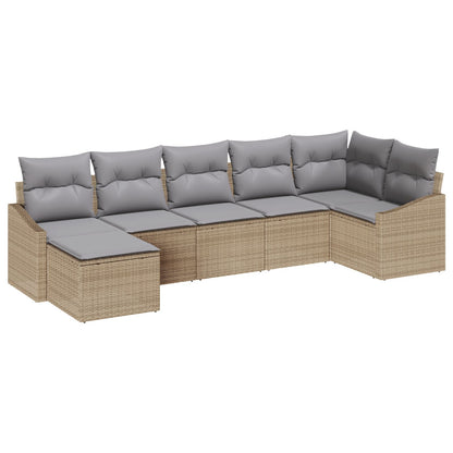 7-Delige Tuin Eetset Met Kussens Beige Poly Rattan