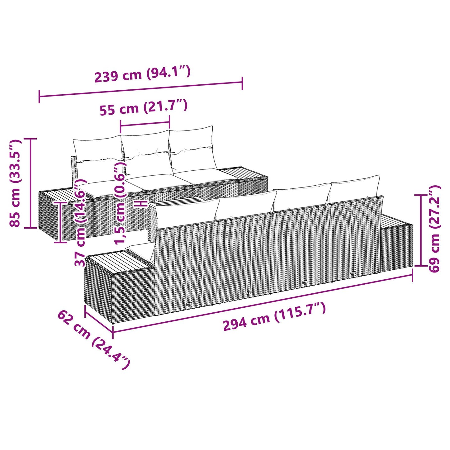 8-Delige Tuinsofa Set Met Kussens Zwart Poly Riet Acacia