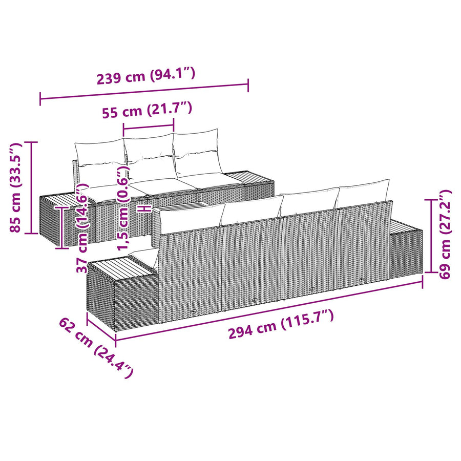 8-Delige Tuinsofa Set Met Kussens Zwart Poly Riet Acacia