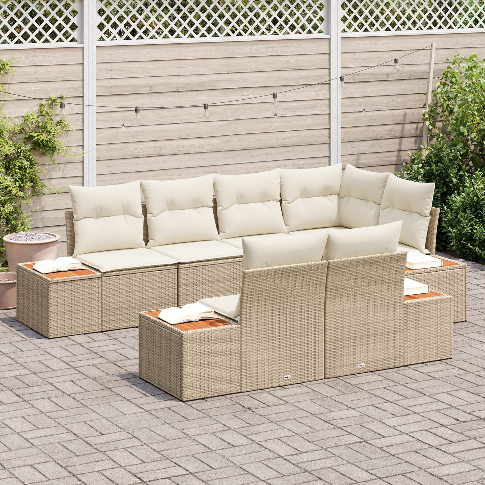 7-Delige Tuin Sofa Set Met Kussens Beige Poly Rattan Acacia