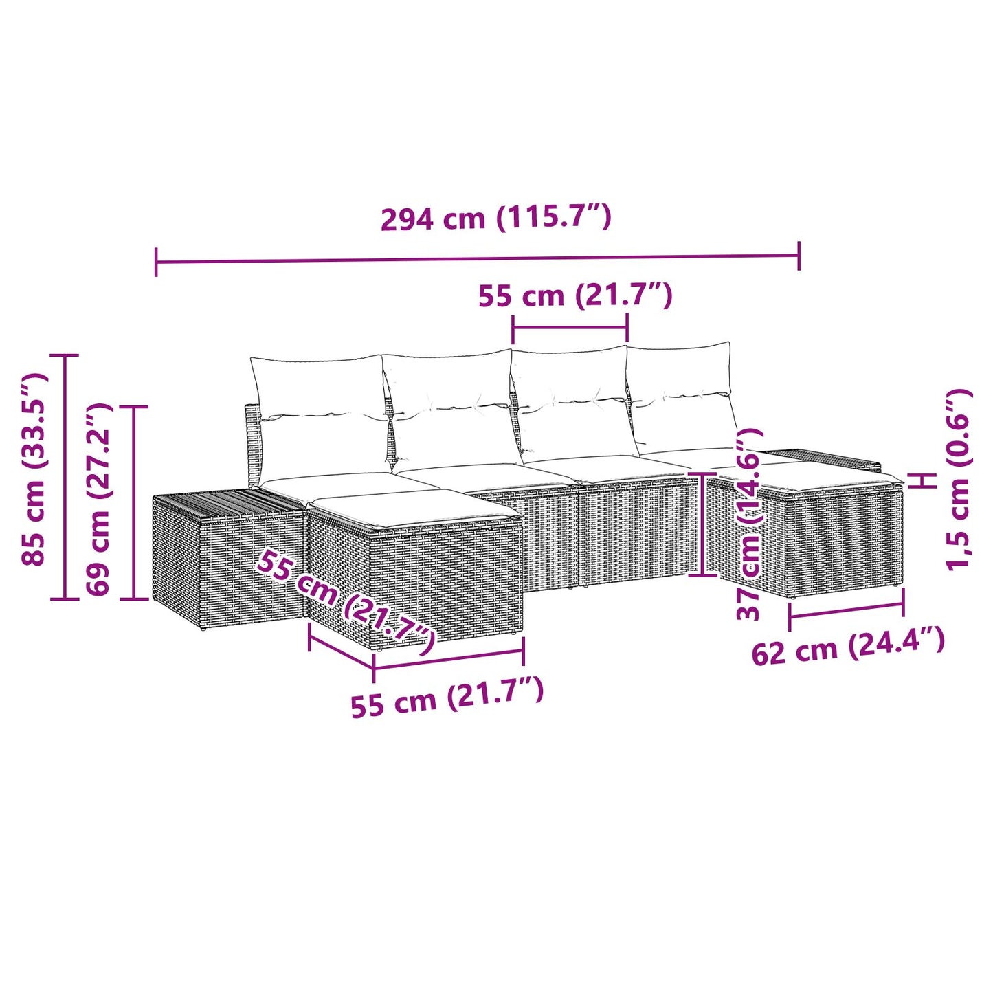 6-Delige Tuin Sofa Set Met Kussens Grijs Poly Rattan Acacia