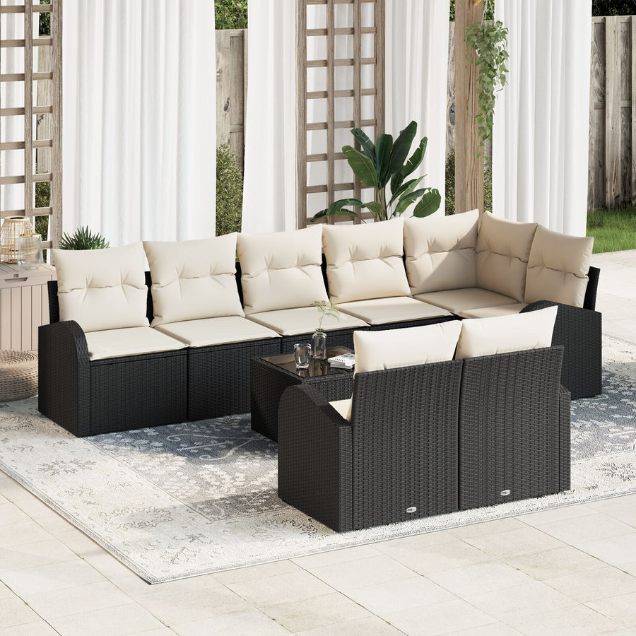 8 Stuk Tuin Sofa Set Met Kussens Bruin Poly Rattan Zwart en crème met tafel