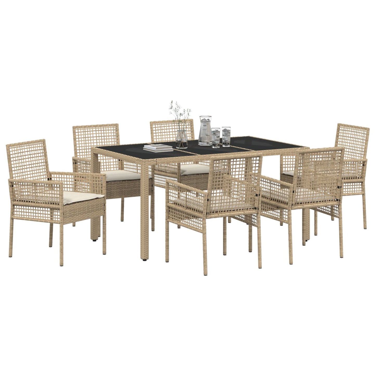 7-Delige Tuin Eetset Met Kussens Beige Poly Rattan