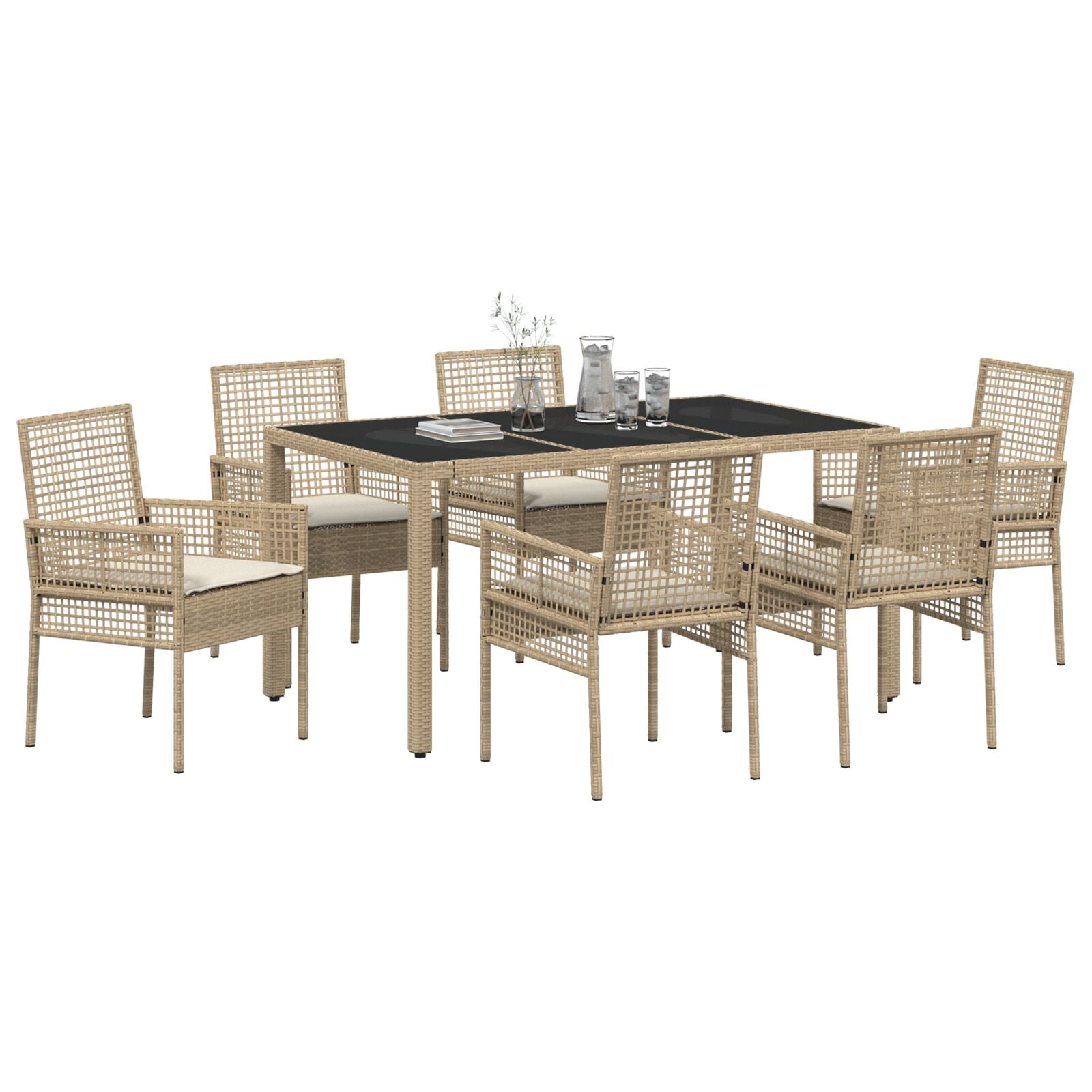 7-Delige Tuin Eetset Met Kussens Beige Poly Rattan