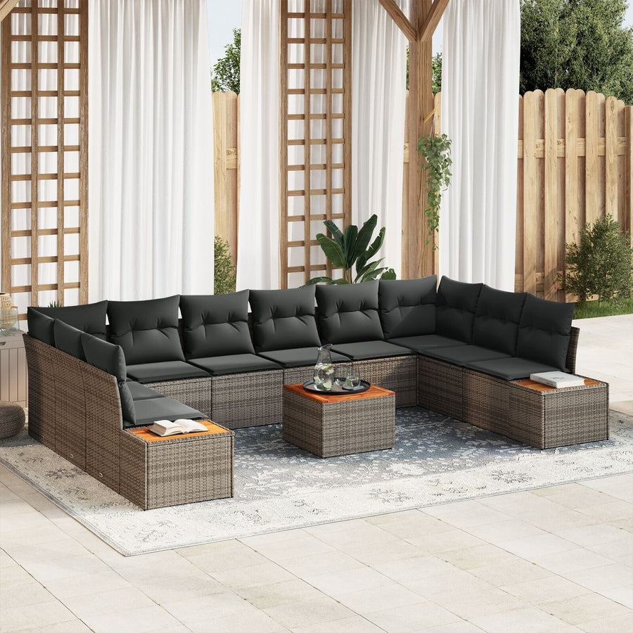 11-Delige Tuin Sofa Set Met Kussens Grijs Poly Rattan Acacia