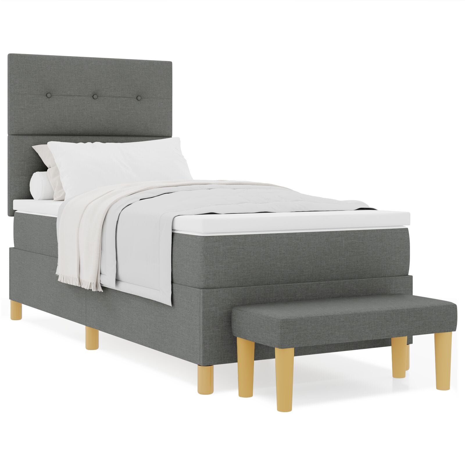 Boxspring Bed Met Matras & Bank Stof Donkergrijs 90 x 190 cm Knopgestikt