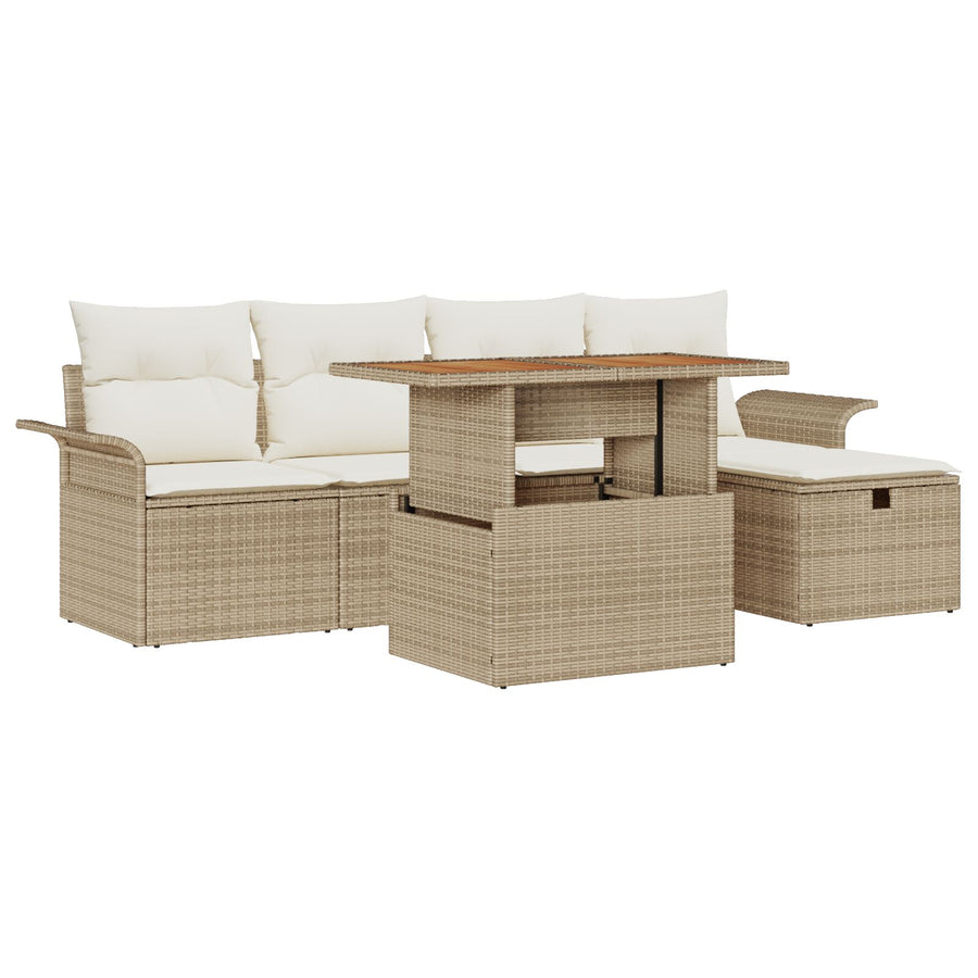 6-Delige Tuinbankset Met Kussens Beige Poly Rattan
