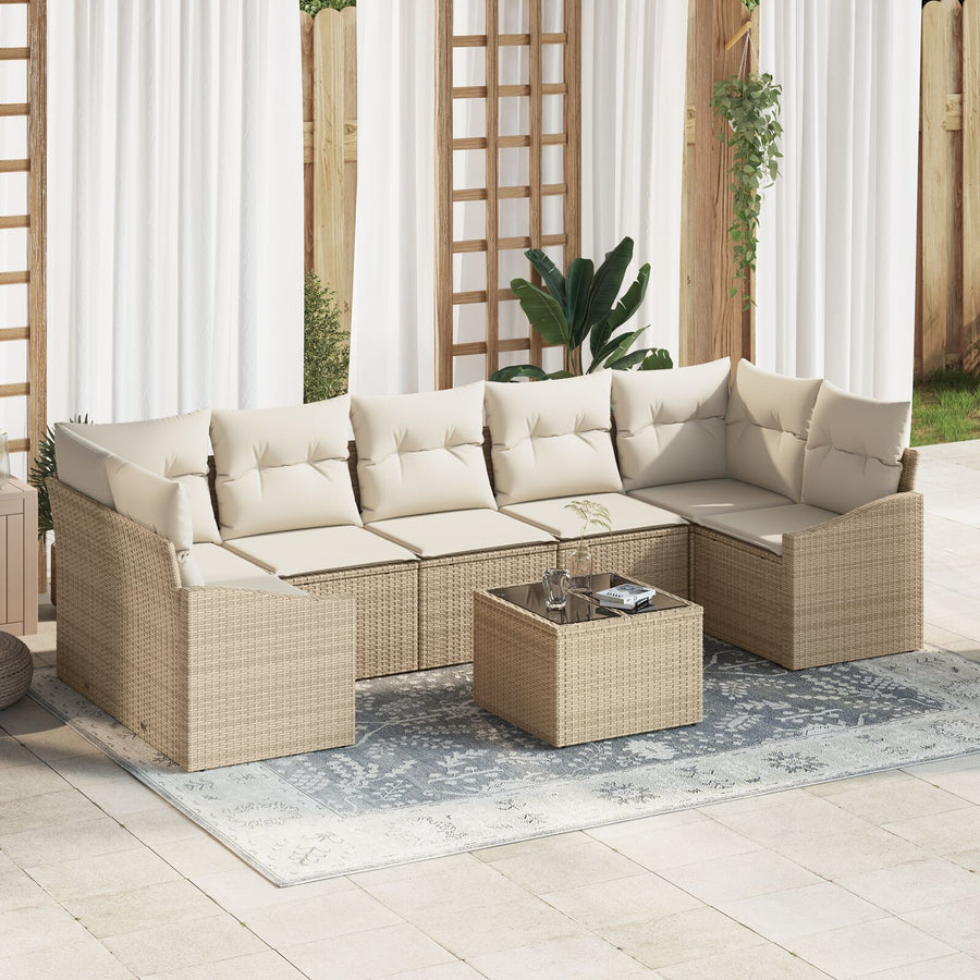 8-Delige Tuinbankset Met Kussens Beige Poly Rattan Gegalvaniseerd Staal